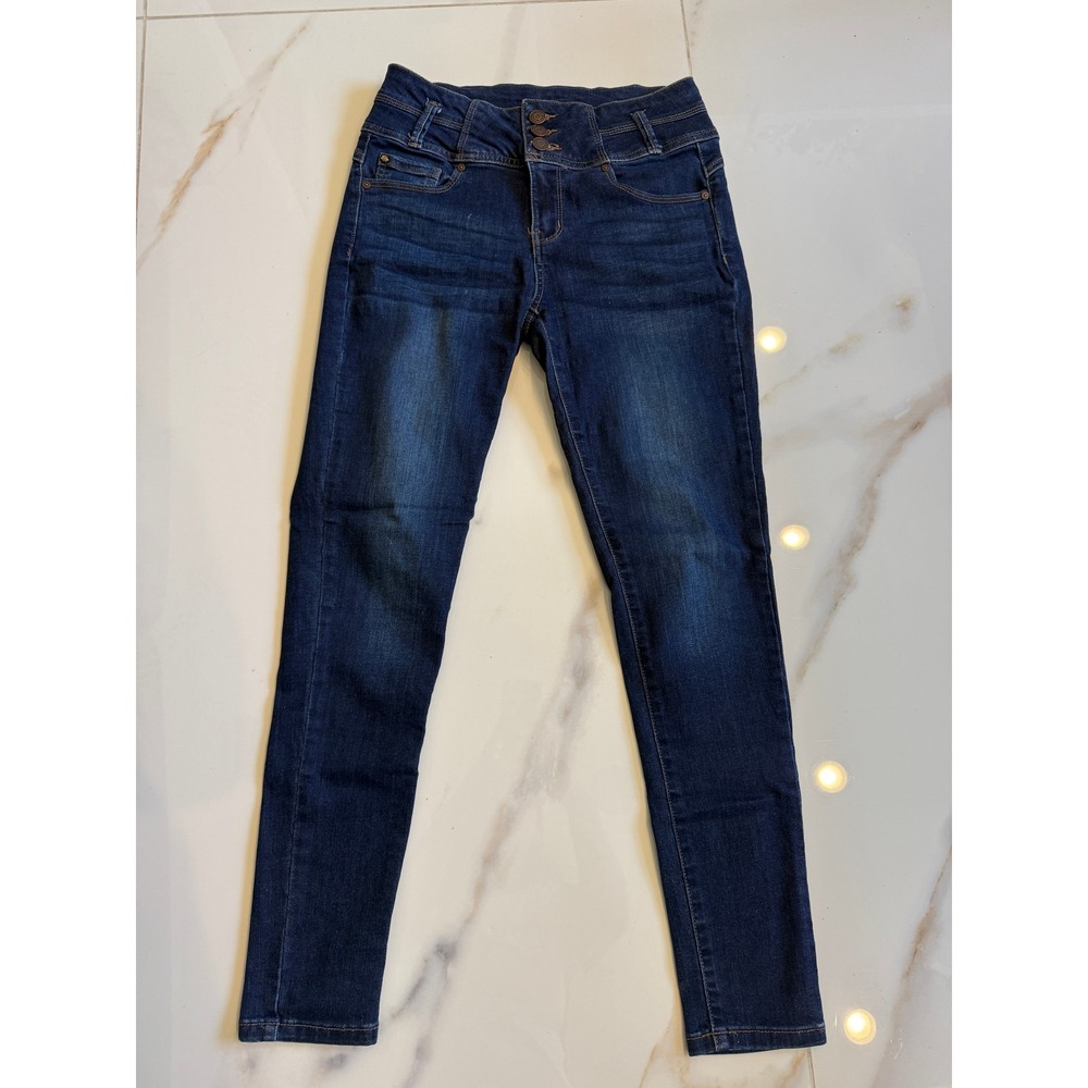 Enjean Denim Co Womens‎ High Rise Triple Button Skinny Jeans Dark Wash Blue